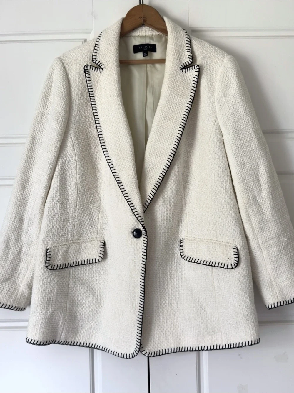 Talbots Tweed Blazer 14W Cream Black Whipstitch Jacket Classic Office Cotton